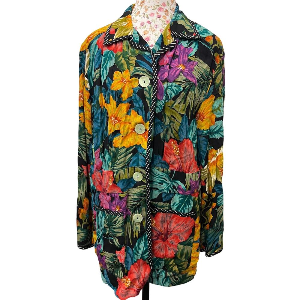 🌴 Carole Little Rayon Floral Button Jacket 10 – Vintage Tropical Boho Blazer
